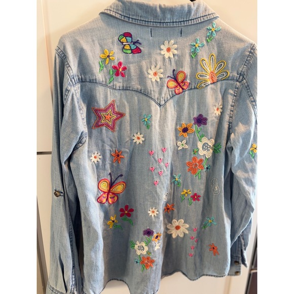BILLY T Embellished Denim Shirt Butterflies Flowers Stars Button Down Top Women - Picture 14 of 16